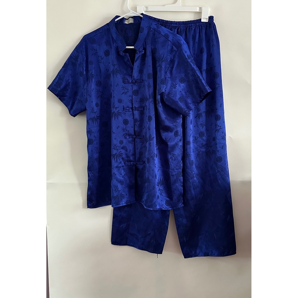 Vintage Blue Silk Pajama Set Bamboo Jacquard Frog Button XXL Vietnam Hand Made